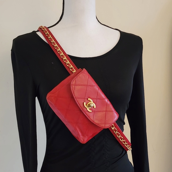 Chanel CC Turn Lock Matellase Belt Bag Lipstick Red + Entrupy COA - Picture 2 of 16